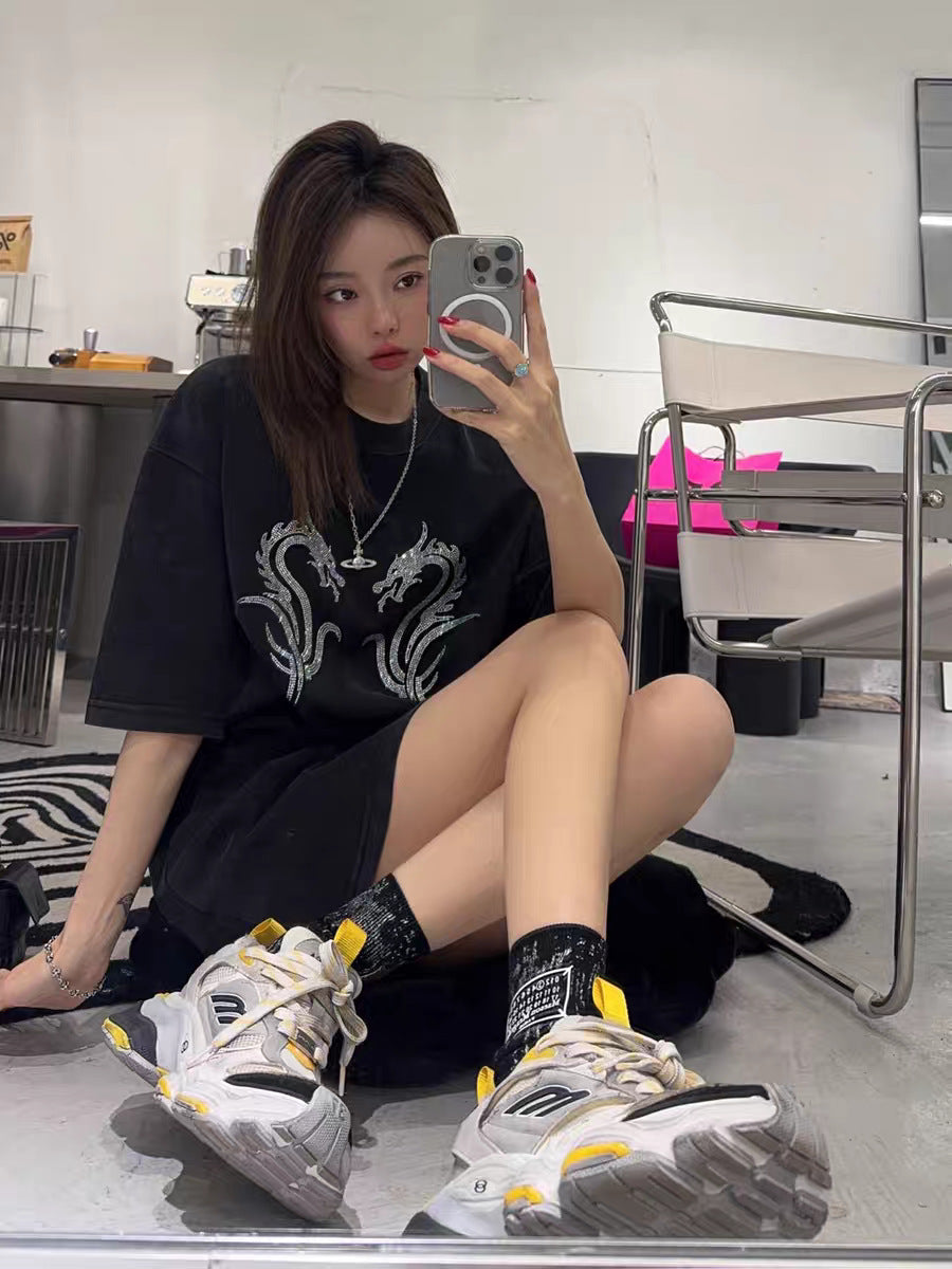 100%100% Cotton Fashion Trendy Brand Short Sleeve t Korean Style Women's Loose Hong Kong Style Heavy Rhinestone Slimming Half Sleeve Top