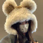 Women's Hat2024New Fluffy Cute Bear Thickened Warm Hat for Autumn and Winter, Big Head Circumference, Face Slimming Pullover Hat