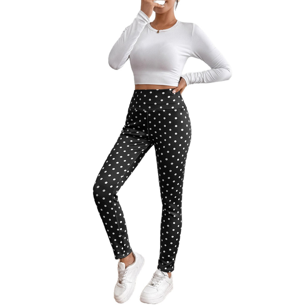 Hot-Selling Lamb Wool Polka Dot Print High-Waisted Slim Fit Warm Women's Leggings Winter New Tight-Fitting