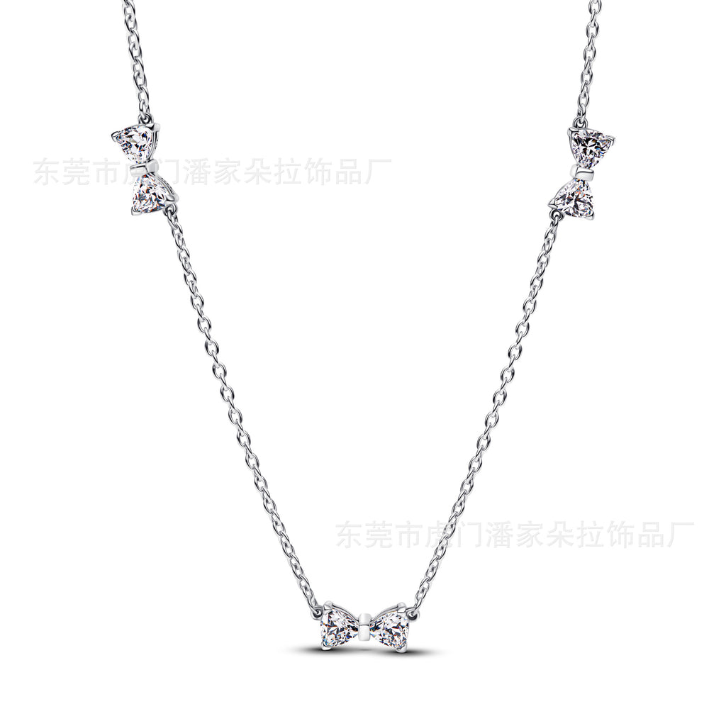 Pan Family Plating S925silver Shining Bow Necklace with Inlaid Diamonds Moon Fashion Collarbone Chain