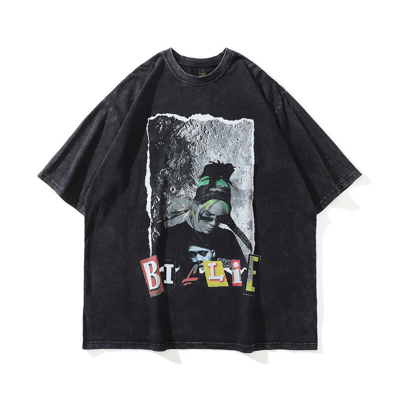 Celebrity Style American Retro Billie Singer Character Print Short Sleeve T Men's and Women's Street Style Short Sleeve T-Shirt