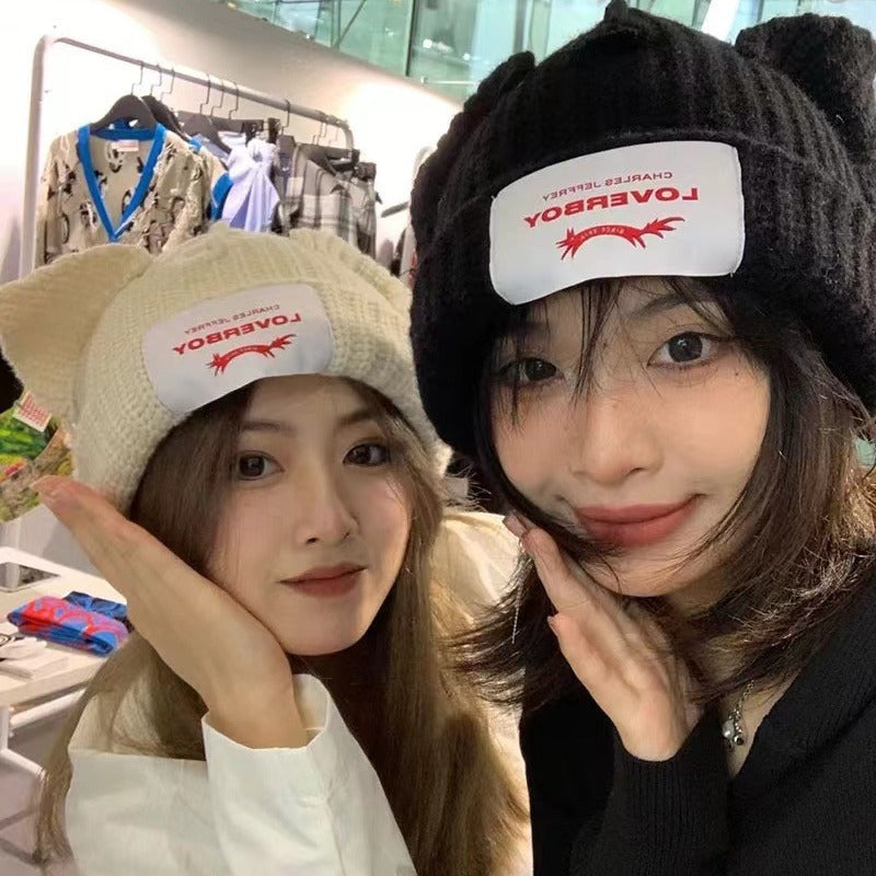 Winter Hat for Women Korean Style Knitted Cat Ear Hip-Hop Beanie Personalized Letter Warm Pullover Hat Internet Celebrity Same Style