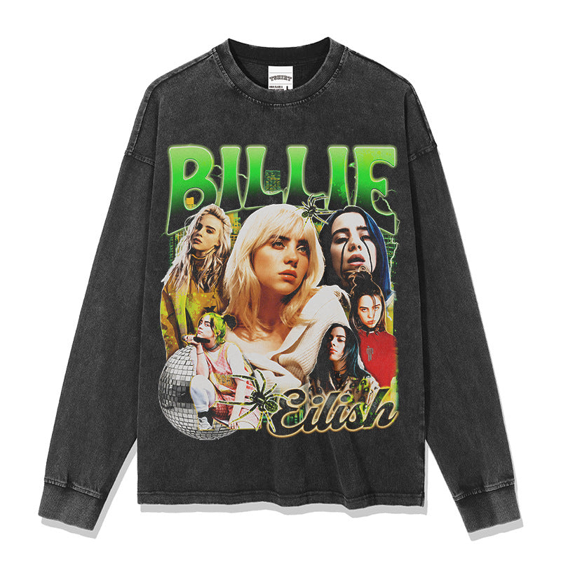 Same Style as Stars Billie Printed Short Sleeve T Trendy Heavyweight Crew Neck Hooded Sweatshirt