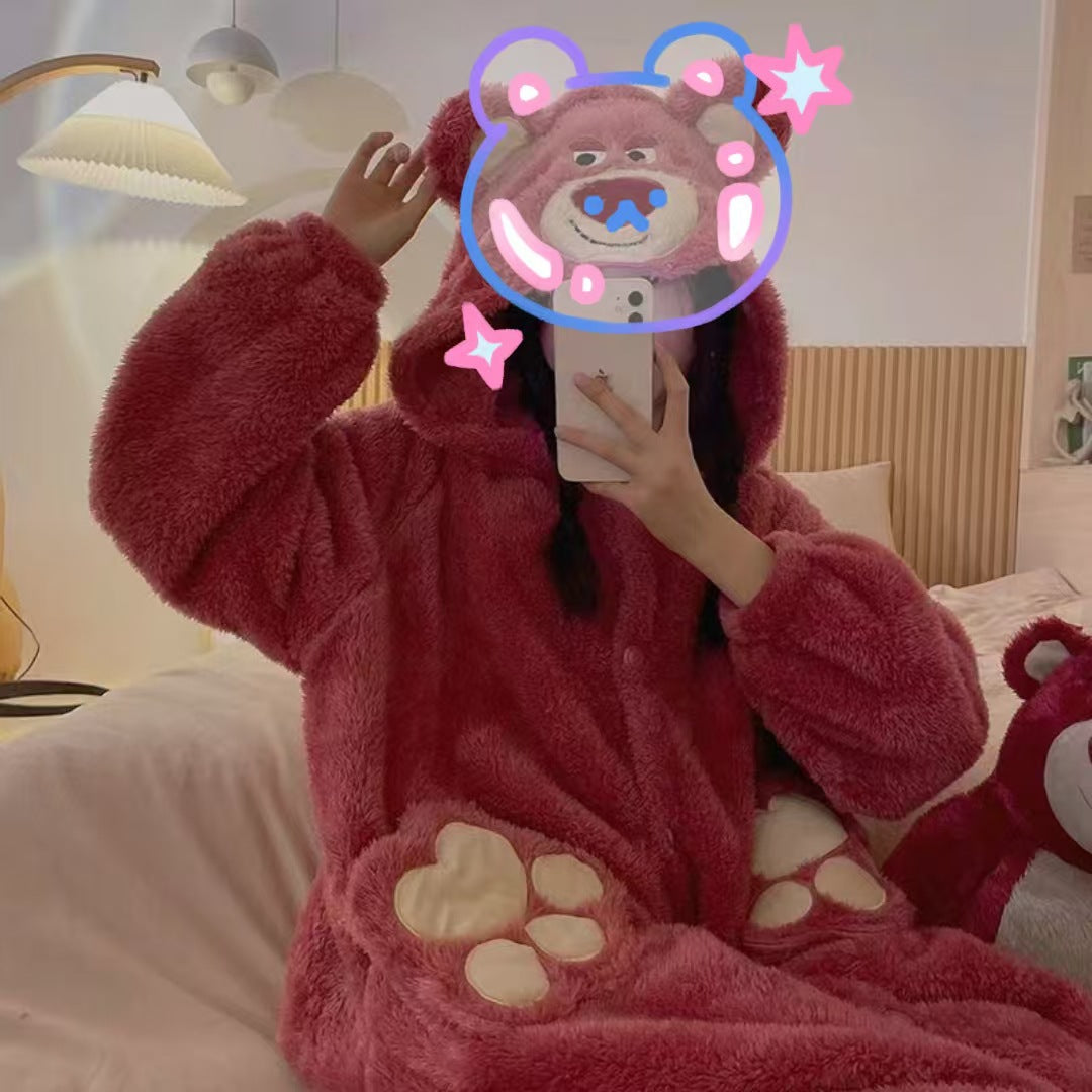 Autumn Winter Little Yellow Chicken One-Piece Pajamas Funny Cute Coral Fleece Couple Robe Unisex Homewear