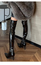 2025New Large Size Pointed Toe Back Zipper Stiletto Heel Women's Boots Over-the-Knee Bright Leather Long Boots
