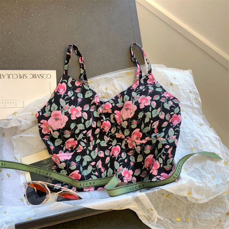 Custom Celebrity Design（with Chest Pad）Sexy Pure Desire Floral Short Camisole Summer High Waist Crop Top Versatile Top