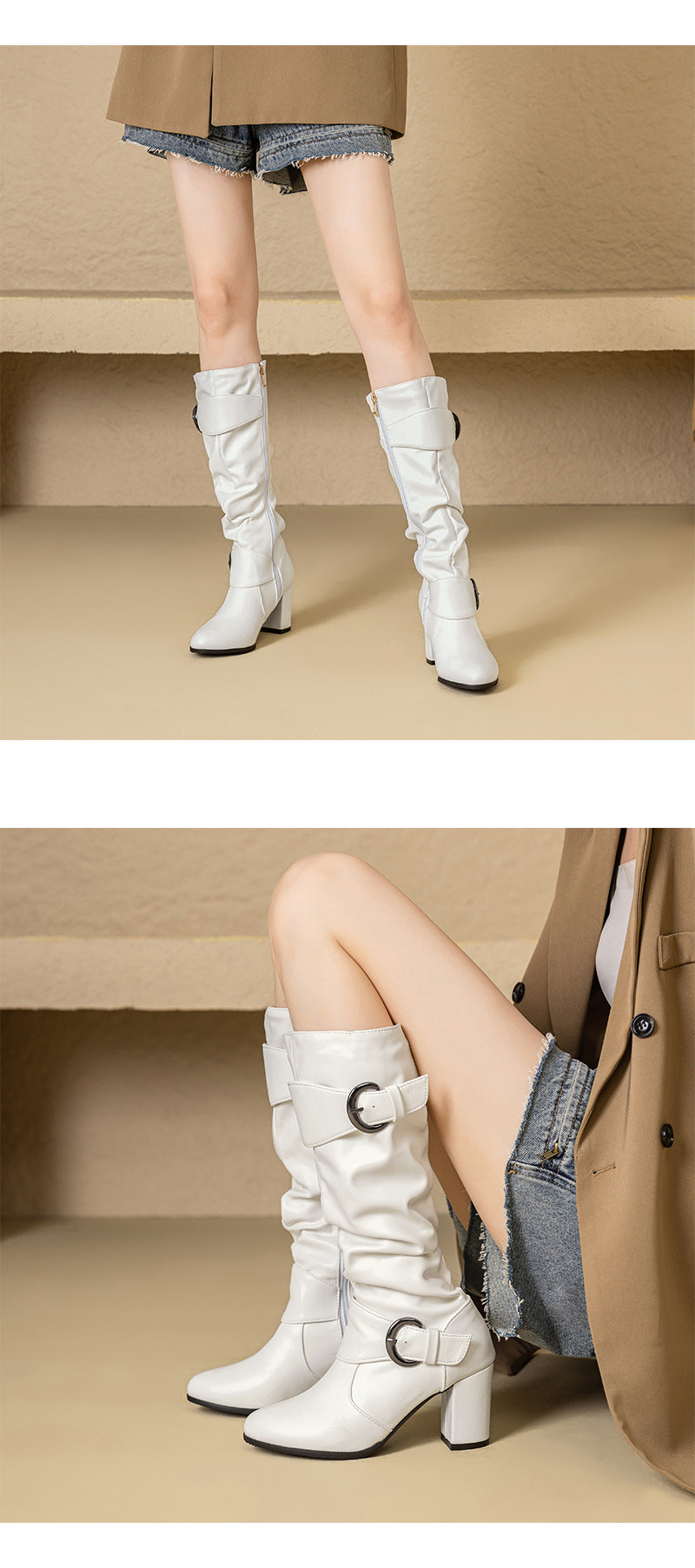 33-52Plus Size Autumn Winter Women's Boots with Belt Buckle, Thick High Heel, Knee-High Long Boots H776