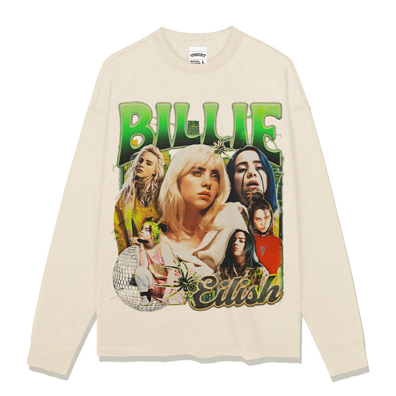 Same Style as Stars Billie Printed Short Sleeve T Trendy Heavyweight Crew Neck Hooded Sweatshirt