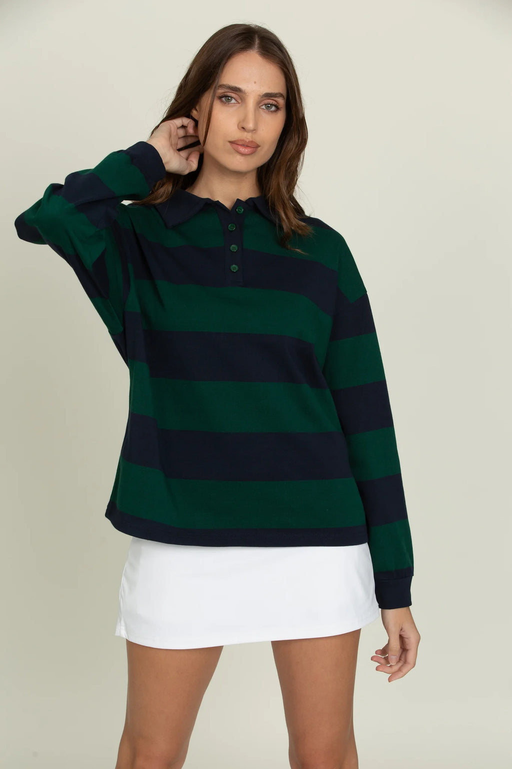 New Retro Striped Polo Shirt Sweatshirt Autumn and Winter New Loose Style Long Sleeve College Style Top