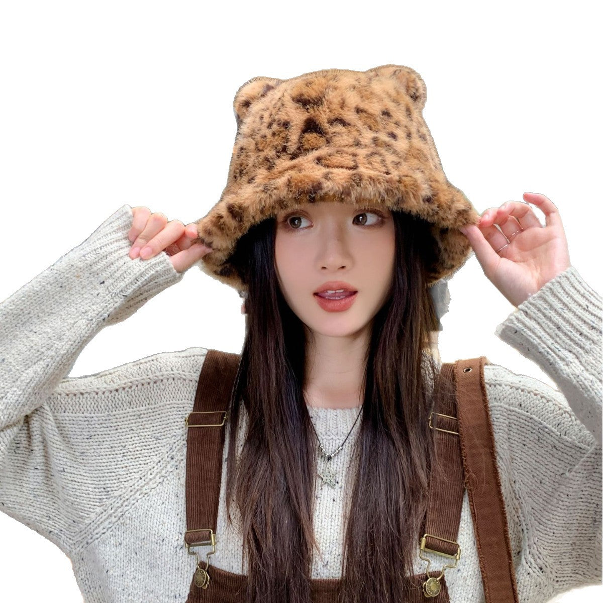 New Korean Style Casual Hat for Women Winter Cute Leopard Print Plush Fisherman Hat Korean Style Warm Versatile Student Bucket Hat