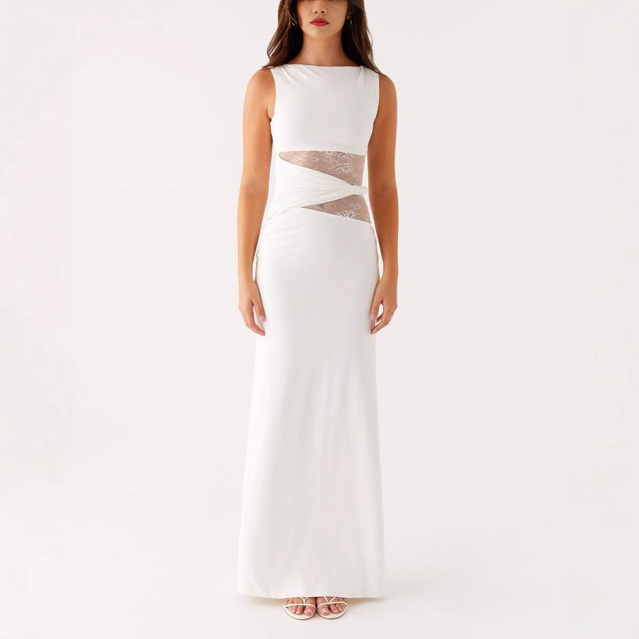 G25D047-2025Elegant Black Long Dress Slim Lace Stitching Drooping Slimming Premium Transparent