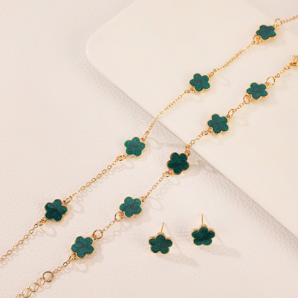 Same Style as Stars2025New Five-leaf Clover Jewelry Set for Women Simple Petal Necklace Five-leaf Flower Bracelet Ring Earrings4Set shipped together for safety