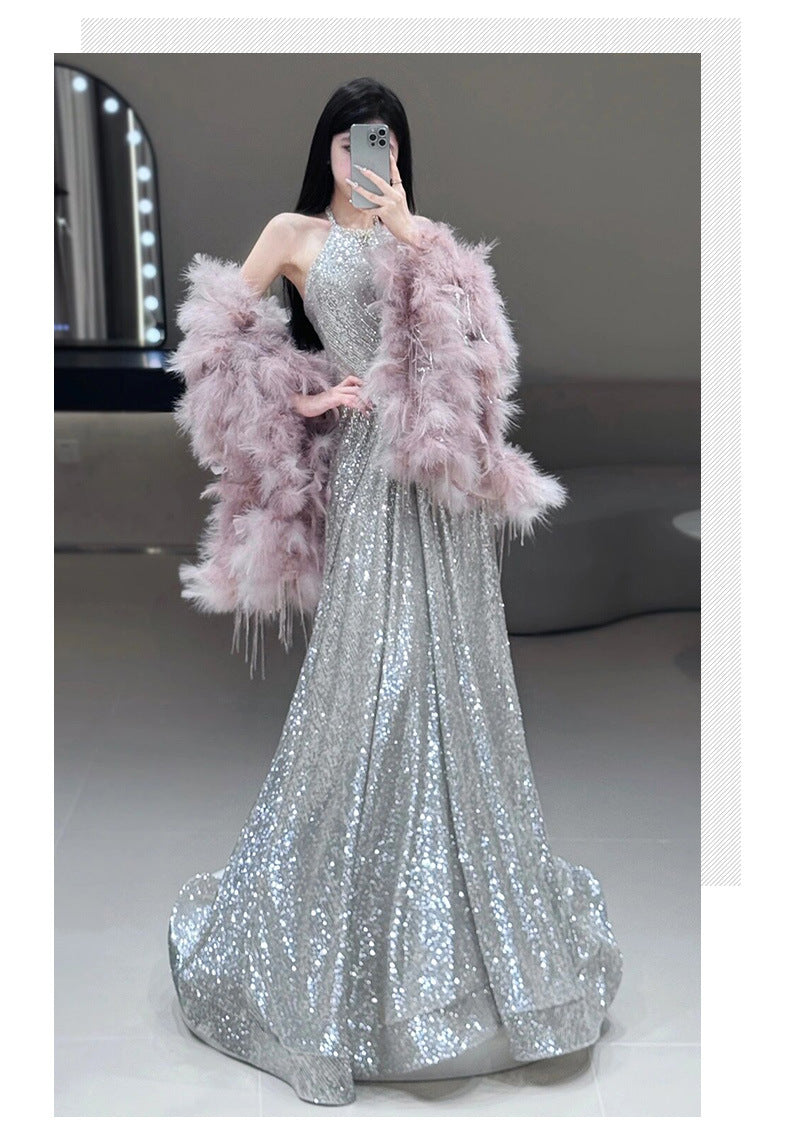 French-style Halter Neck Toasting Dress for Bride2025New Light Luxury Elegant Pink Feather Shawl Sequin Evening Dress