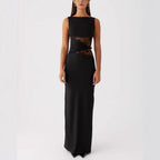 G25D047-2025Elegant Black Long Dress Slim Lace Stitching Drooping Slimming Premium Transparent