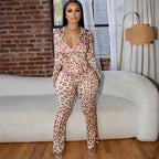 Summer New Printed Hooded Cardigan Top Leopard Print High Waist Slim Fit Long Pants Set for Women