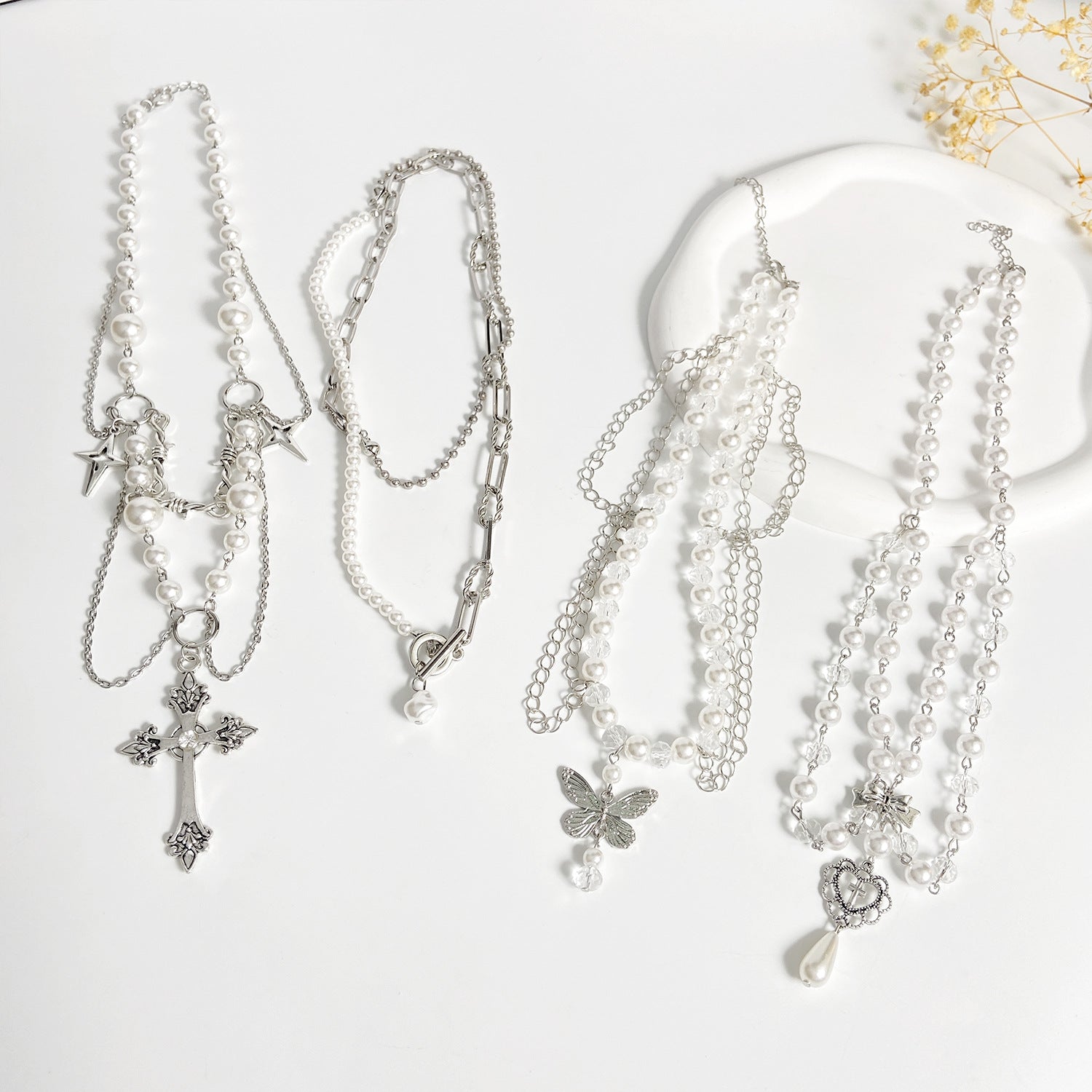 Celebrity Style Jewelry Niche Design Hot Girl Imitation Pearl Tassel Heart Cross Butterfly Versatile Necklace for Women