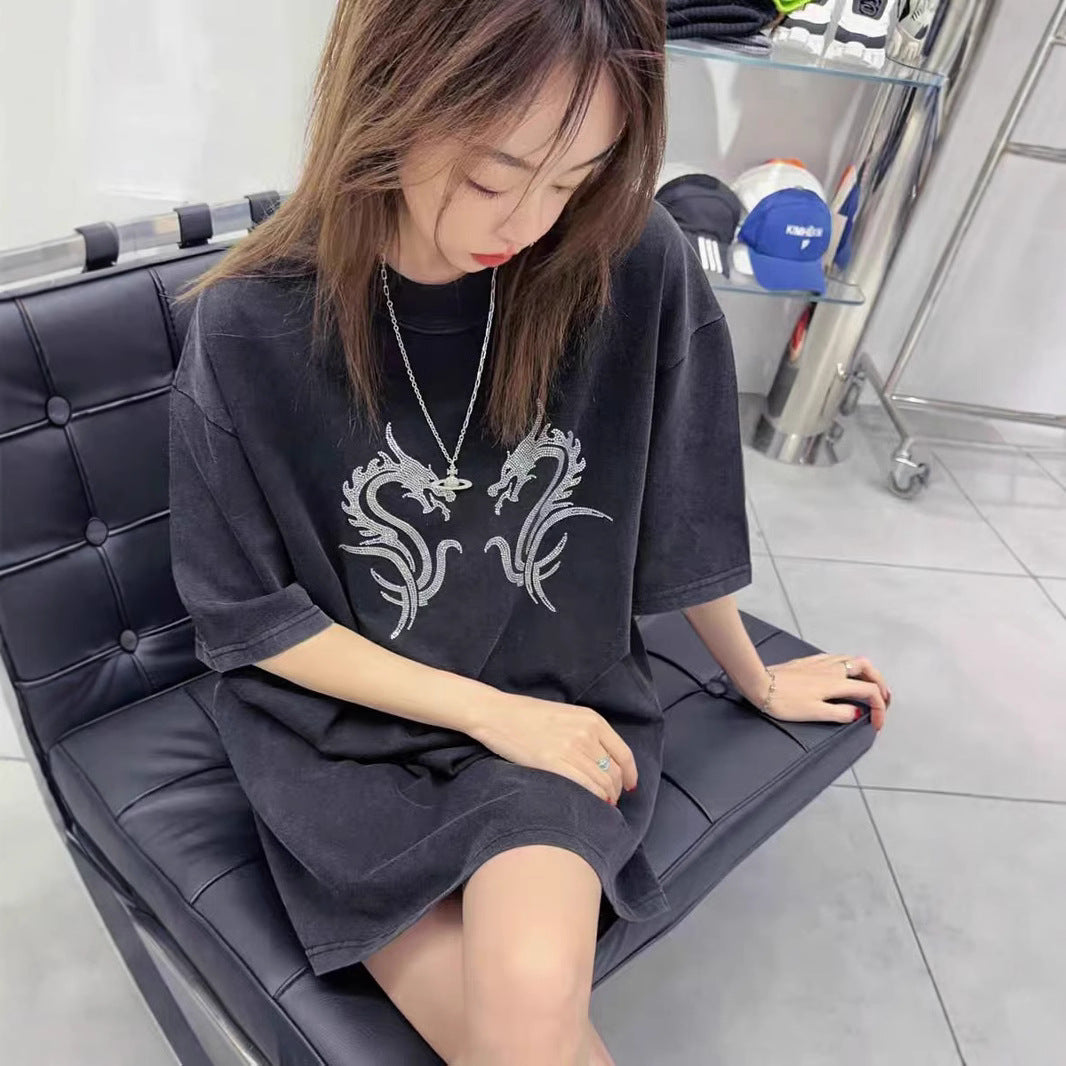 100%100% Cotton Fashion Trendy Brand Short Sleeve t Korean Style Women's Loose Hong Kong Style Heavy Rhinestone Slimming Half Sleeve Top