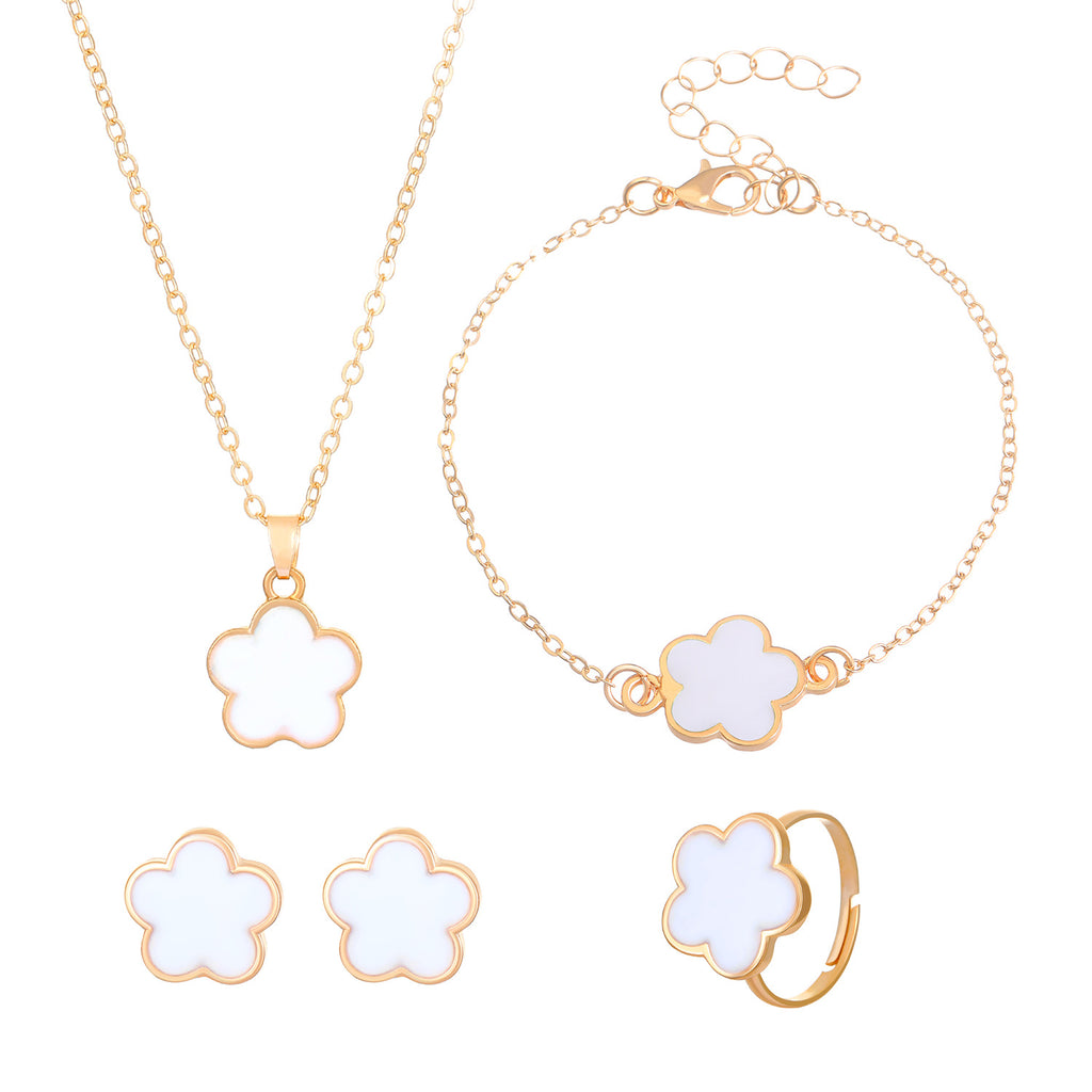 Same Style as Stars2025New Five-leaf Clover Jewelry Set for Women Simple Petal Necklace Five-leaf Flower Bracelet Ring Earrings4Set shipped together for safety