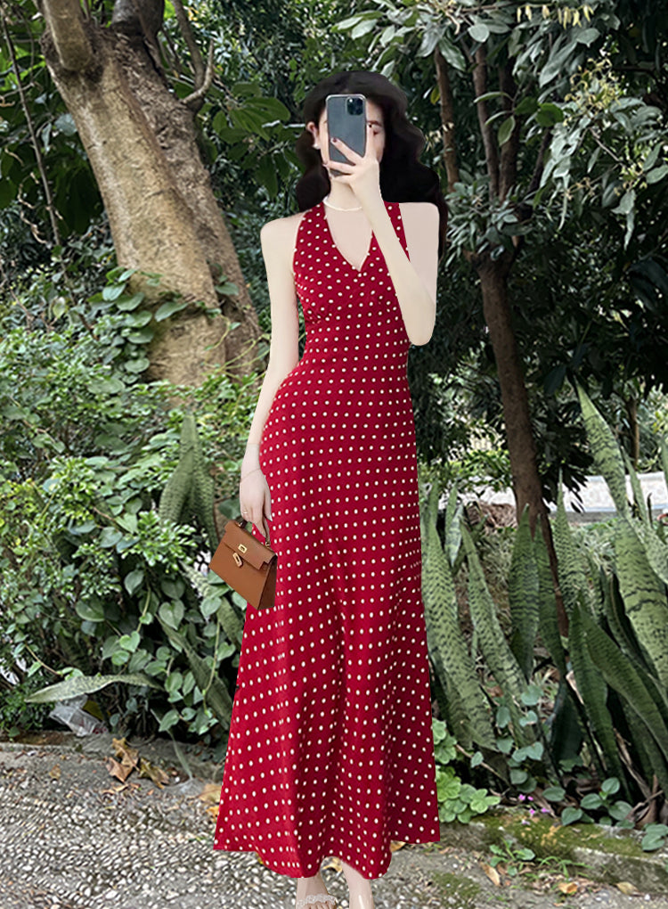 Star Custom Celebrity Design2025Spring and Summer French Retro Sweetheart V Red Polka Dot Halter Neck Dress for Women, Backless Tie Strap Vest Long Dress