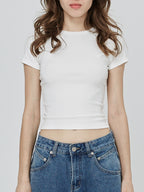 Custom Celebrity Straight Shoulder SKIMS Skin-friendly Kendall Jenner Style Short Sleeve t Women's Summer American Style Pure Desire Slim Fit Versatile Short Top