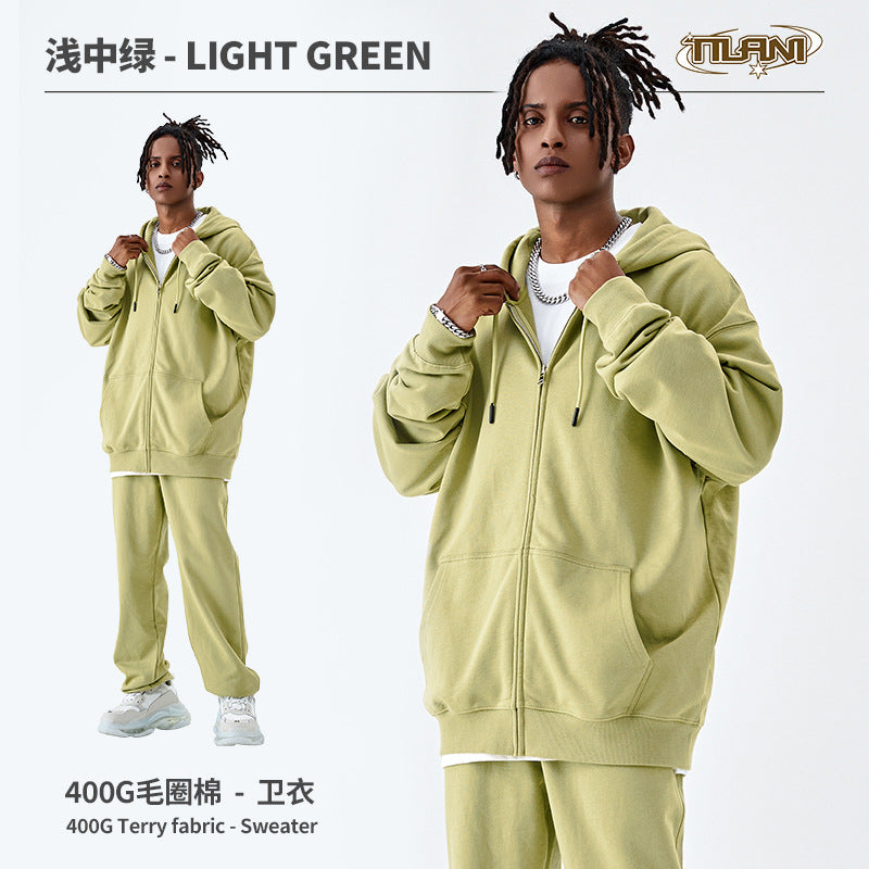 TILANI Men's Fashion Brand Dopamine400G Zipper Jacket Solid Color Unisex Cardigan Hooded Sweatshirt