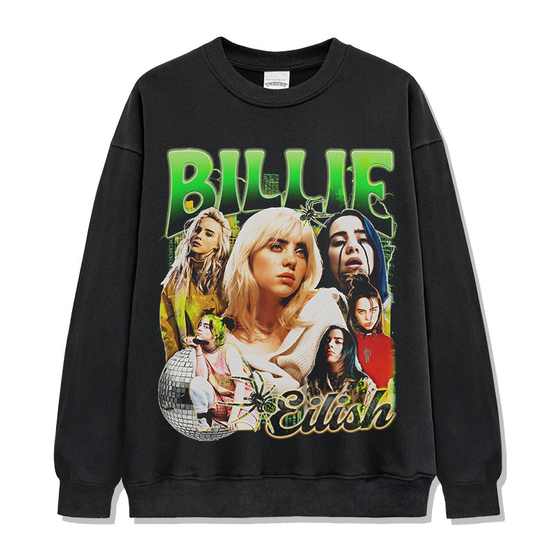 Same Style as Stars Billie Printed Short Sleeve T Trendy Heavyweight Crew Neck Hooded Sweatshirt