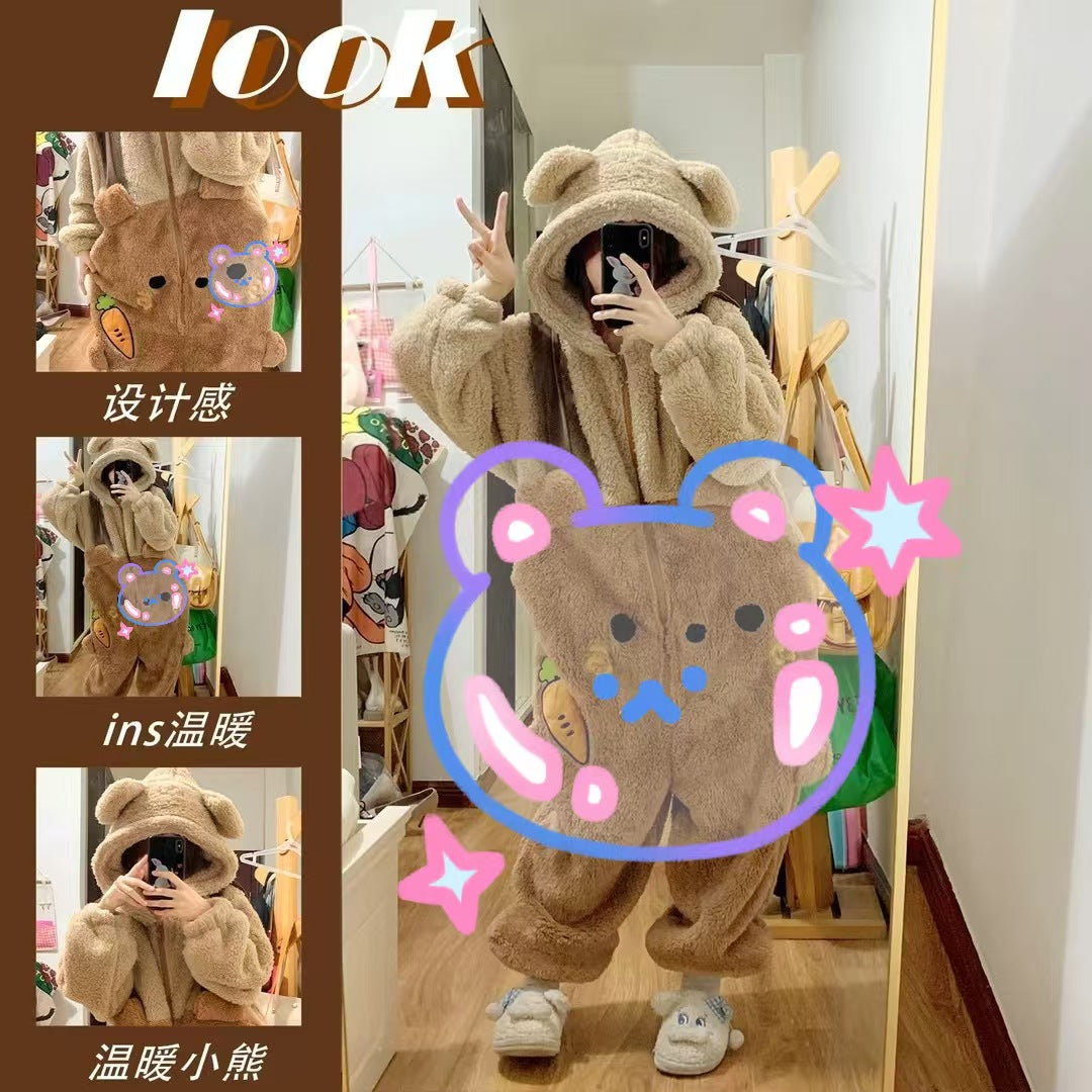 Autumn Winter Little Yellow Chicken One-Piece Pajamas Funny Cute Coral Fleece Couple Robe Unisex Homewear