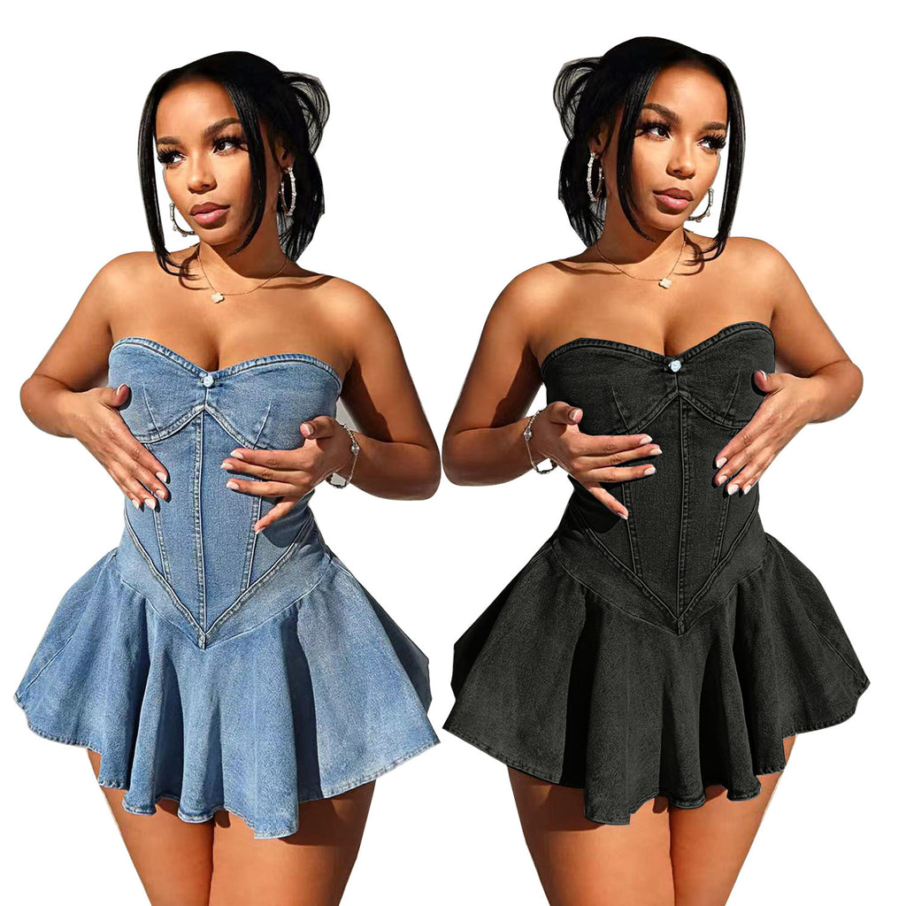 D8699Women's Fashion Sleeveless Tube Top Denim Sexy Hot Girl A Word mini Dress