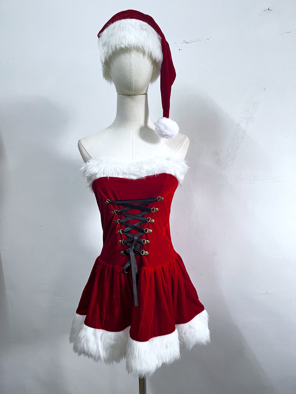 Red Fluffy Christmas Sexy Dress Red Cowboy Hat Pure Desire Set Santa Claus Costume