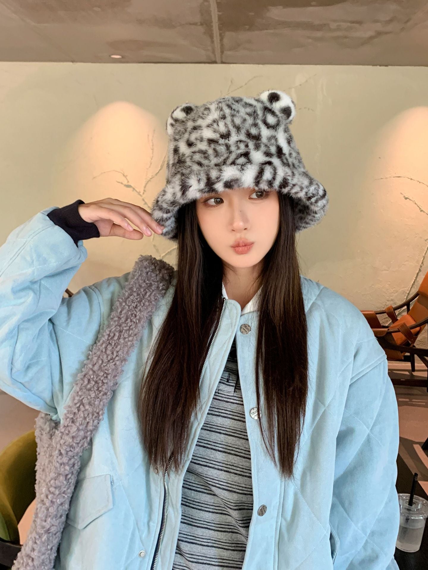 New Korean Style Casual Hat for Women Winter Cute Leopard Print Plush Fisherman Hat Korean Style Warm Versatile Student Bucket Hat
