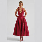 New V Collared Halter Neck Sleeveless Jacquard Tie Waist Dress Mid-Length High-End Formal Dress Trendy