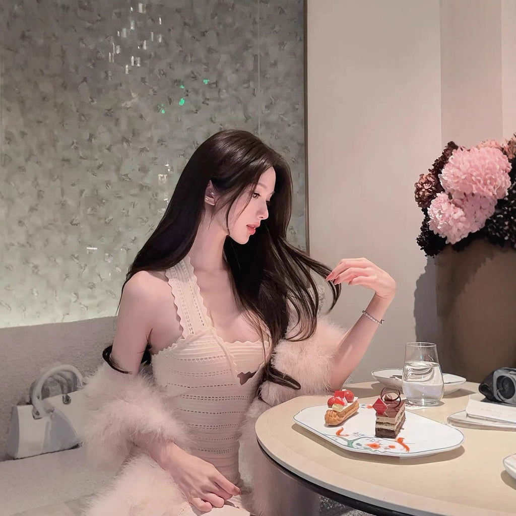 DFAY Halter Neck Knitted Dress Two-tone Lace Hollow Sexy Elegant Slim Fit Inner Dress for Women Autumn Winter