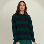 New Retro Striped Polo Shirt Sweatshirt Autumn and Winter New Loose Style Long Sleeve College Style Top