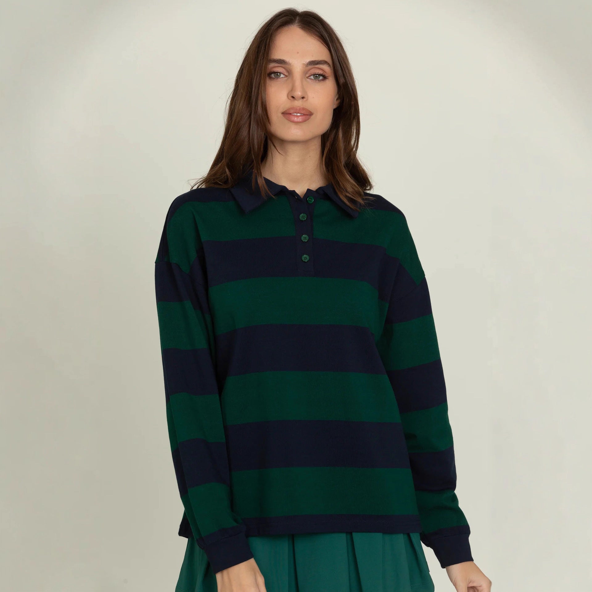 New Retro Striped Polo Shirt Sweatshirt Autumn and Winter New Loose Style Long Sleeve College Style Top