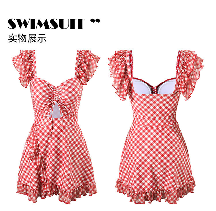 Custom Celebrity Design2025New Korean Niche Pure Desire Style Red Plaid Slimming Covering Body Conservative Beach Hot Spring One-Piece Swimsuit for Women