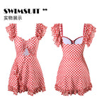Custom Celebrity Design2025New Korean Niche Pure Desire Style Red Plaid Slimming Covering Body Conservative Beach Hot Spring One-Piece Swimsuit for Women