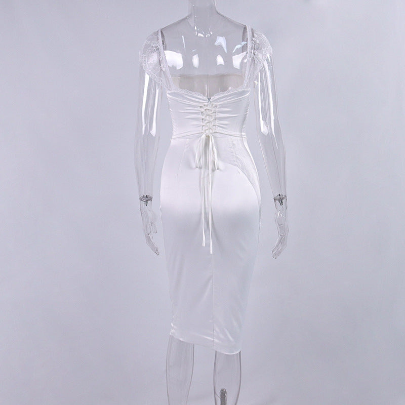 Square Neck Strap Dress Sexy Satin Lace Backless Hip-Mid Skirt Dress