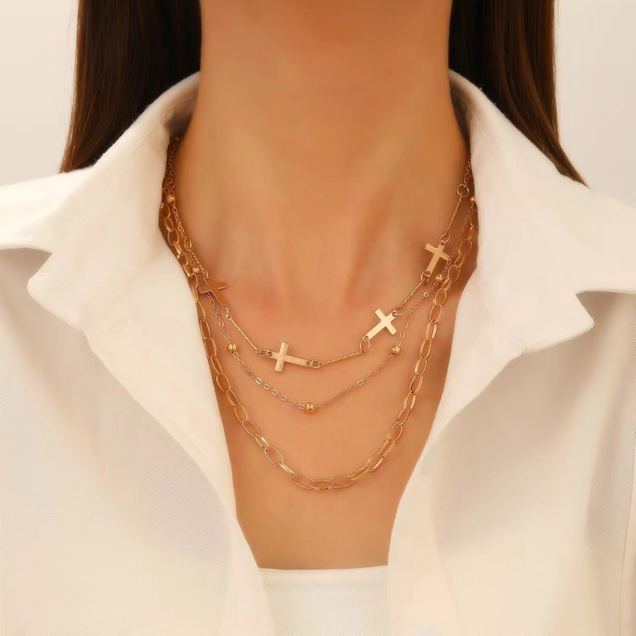 Celebrity Style Accessories ins Vintage Alloy Retro Pearl Cross Pendant Accessory Punk Versatile Multi-layer Sweater Necklace for Women Trendy