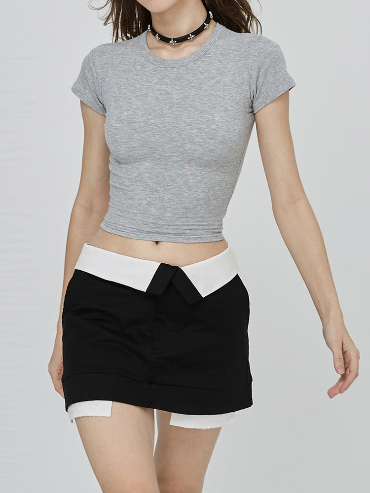 Custom Celebrity Straight Shoulder SKIMS Skin-friendly Kendall Jenner Style Short Sleeve t Women's Summer American Style Pure Desire Slim Fit Versatile Short Top