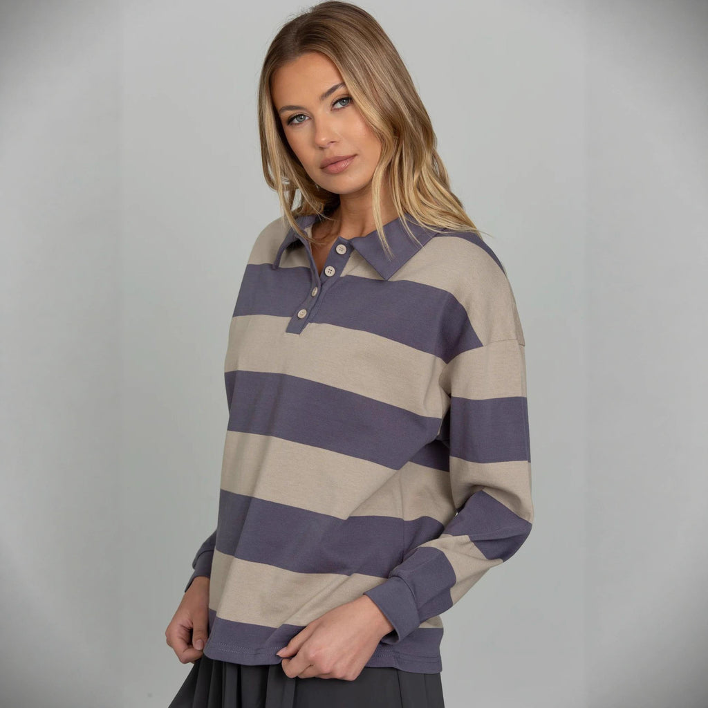 New Retro Striped Polo Shirt Sweatshirt Autumn and Winter New Loose Style Long Sleeve College Style Top