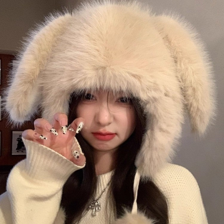 Cute Rabbit Lei Feng Hat with Ears, Plush Hat for Women, Winter Fox Fur Thickened Warmth, Cold Protection, Ear Protection, Head Wrap Hat for Women