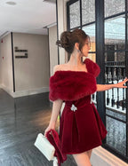Celebrity Custom High-End Fur Single-Piece Strapless Velvet Dress with Gloves and Fur Shawl European Style Evening Elegant Look