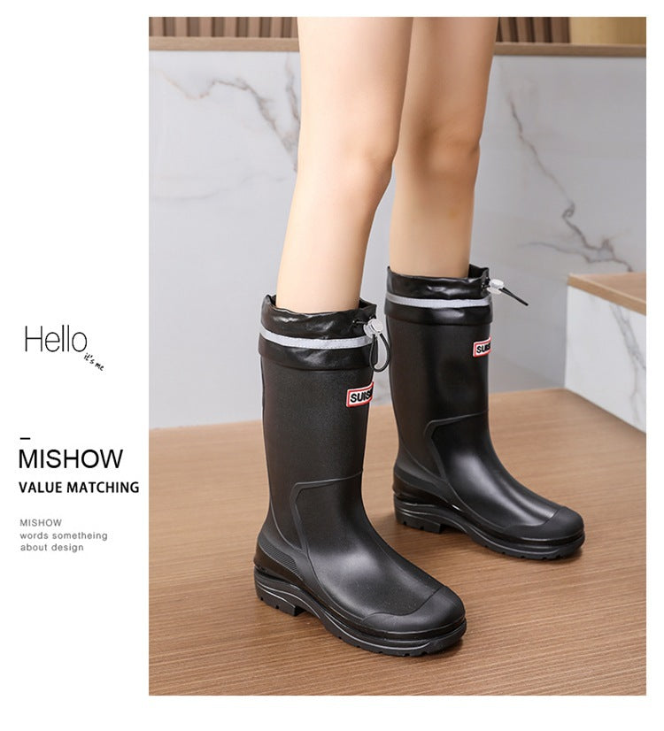 Long Tube Rain Boots for Women, Fashionable Cuffed Outdoor Lightweight Waterproof Shoes, Soft and Durable Rubber Boots for Japan Airlines Foreign Trade