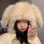 Cute Rabbit Lei Feng Hat with Ears, Plush Hat for Women, Winter Fox Fur Thickened Warmth, Cold Protection, Ear Protection, Head Wrap Hat for Women