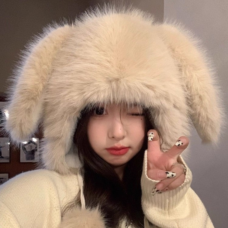 Cute Rabbit Lei Feng Hat with Ears, Plush Hat for Women, Winter Fox Fur Thickened Warmth, Cold Protection, Ear Protection, Head Wrap Hat for Women