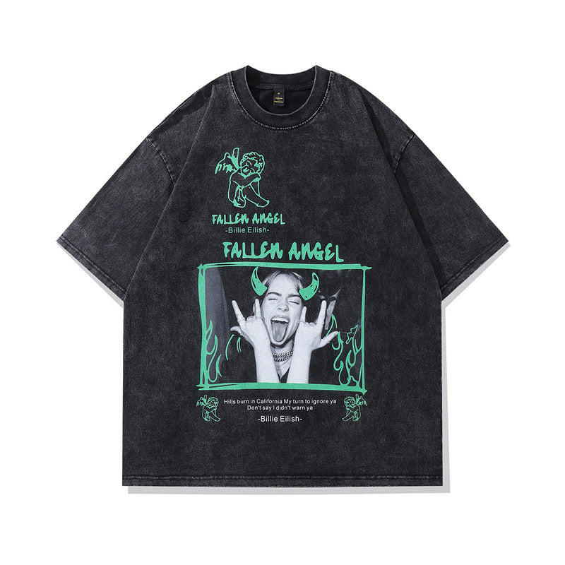 Celebrity Style American Retro Billie Singer Character Print Short Sleeve T Men's and Women's Street Style Short Sleeve T-Shirt