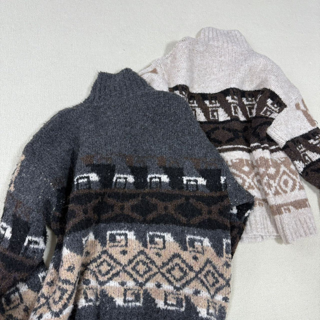 In Stock Korean Niche Trendy Brand Fair Isle Cardigan Coat for Women Loose Lazy Style High Neck Knitted Sweater