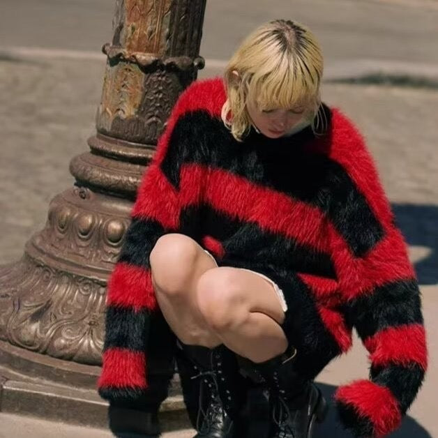 Red and Black Striped Color-Block Seahorse Wool Sweater for Men, Lazy Style Knitted Sweater, Winter Faux Mink Fur Couple's Coat