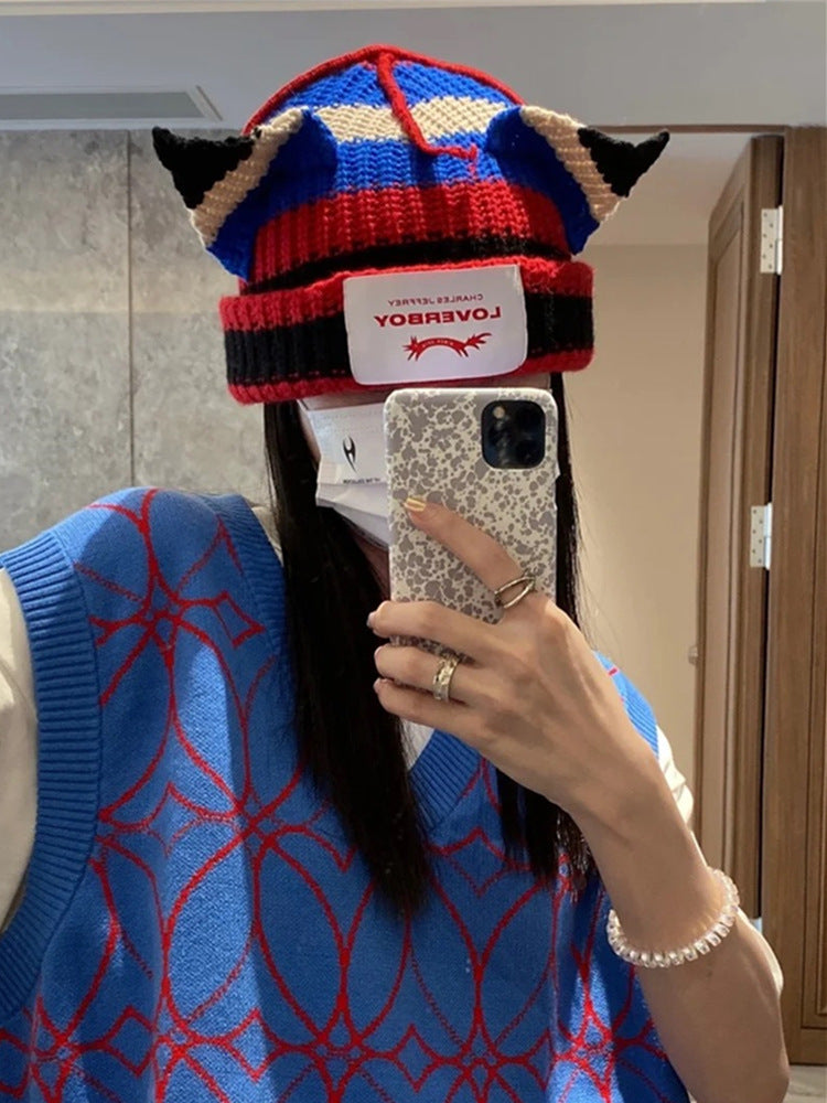 Winter Hat for Women Korean Style Knitted Cat Ear Hip-Hop Beanie Personalized Letter Warm Pullover Hat Internet Celebrity Same Style