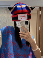 Winter Hat for Women Korean Style Knitted Cat Ear Hip-Hop Beanie Personalized Letter Warm Pullover Hat Internet Celebrity Same Style